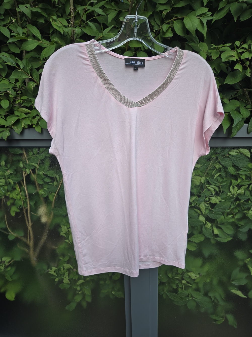 Anna Bella Pink V-Neck Short Sleeve Top Viscose Blend Size S